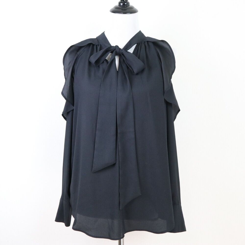 Ann Taylor Size S Cold Shoulder Ruffle Blouse Split Tie V Neck Black - Picture 2 of 11
